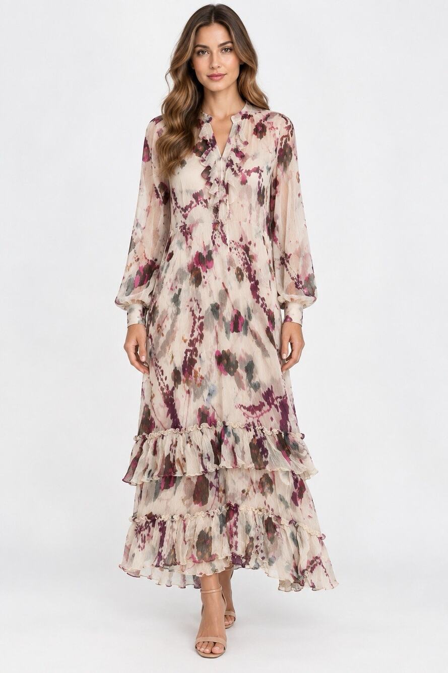 REISS ASTER WOMENS US 6 FLORAL RUFFLE MIDI MAXI DRESS CREAM SHEER